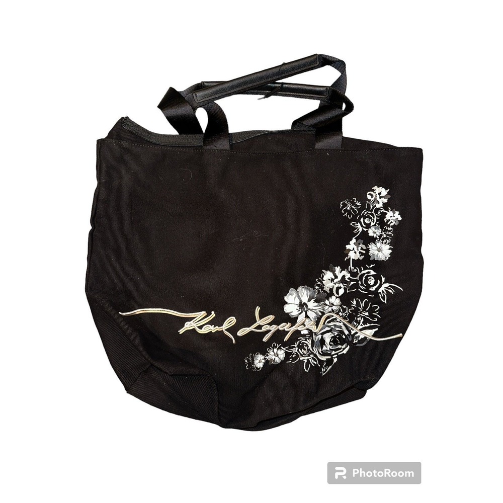 Karl Lagerfeld Paris Tote Bag Womens Black Canvas Floral Embroidered Large Purse